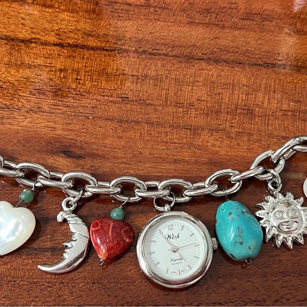 Silver Charm Bracelet with Watch and Colorful Accents